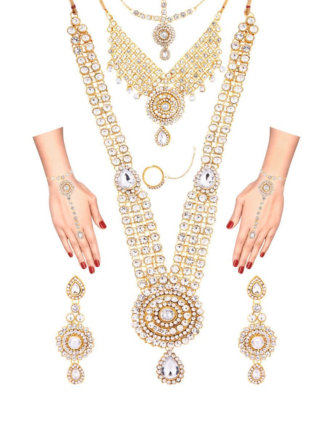 

Efulgenz Gold-Plated White Crystal Studded Traditional Jewellery Set
