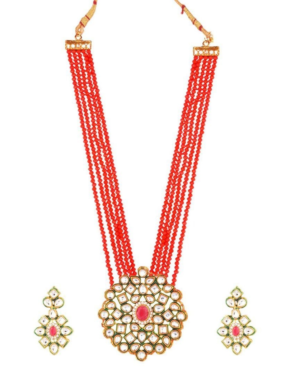 

Efulgenz Orange & Gold-Plated Crystal-Studded Layered Jewellery Set
