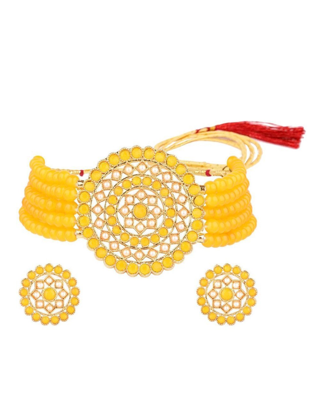 

Efulgenz Gold-Plated Yellow Crystal-Studded & Beaded Handcrafted Jewellery Set