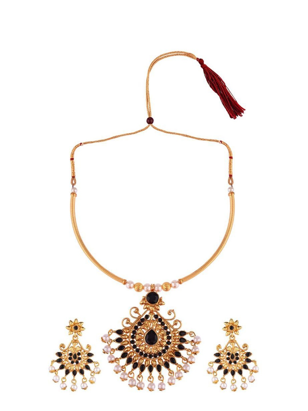 

Efulgenz Gold-Plated Black Crystal Studded & Pearl Beaded Jewellery Set