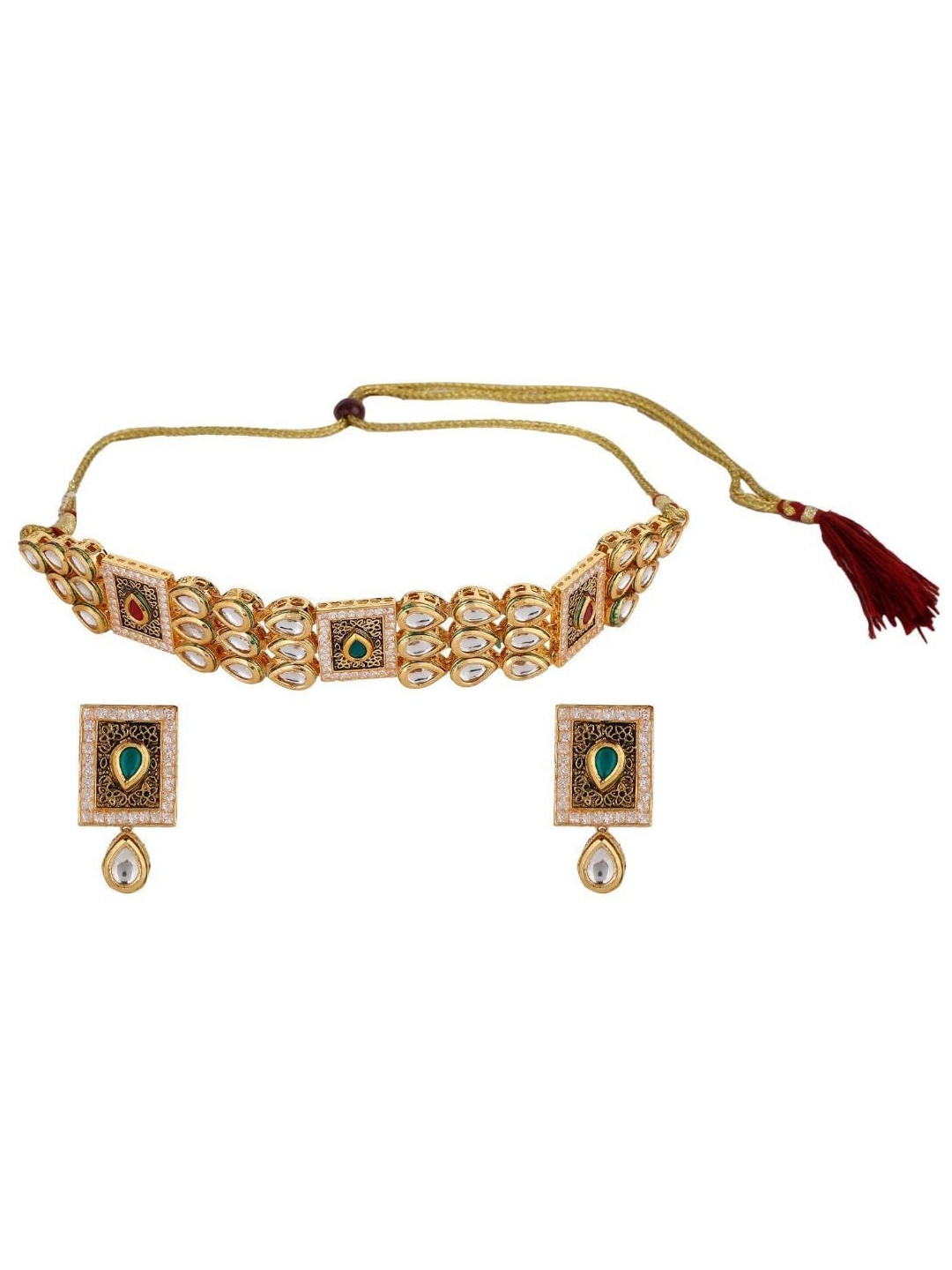 

Efulgenz Green & Gold-Toned & Plated Kundan Jewellery Set