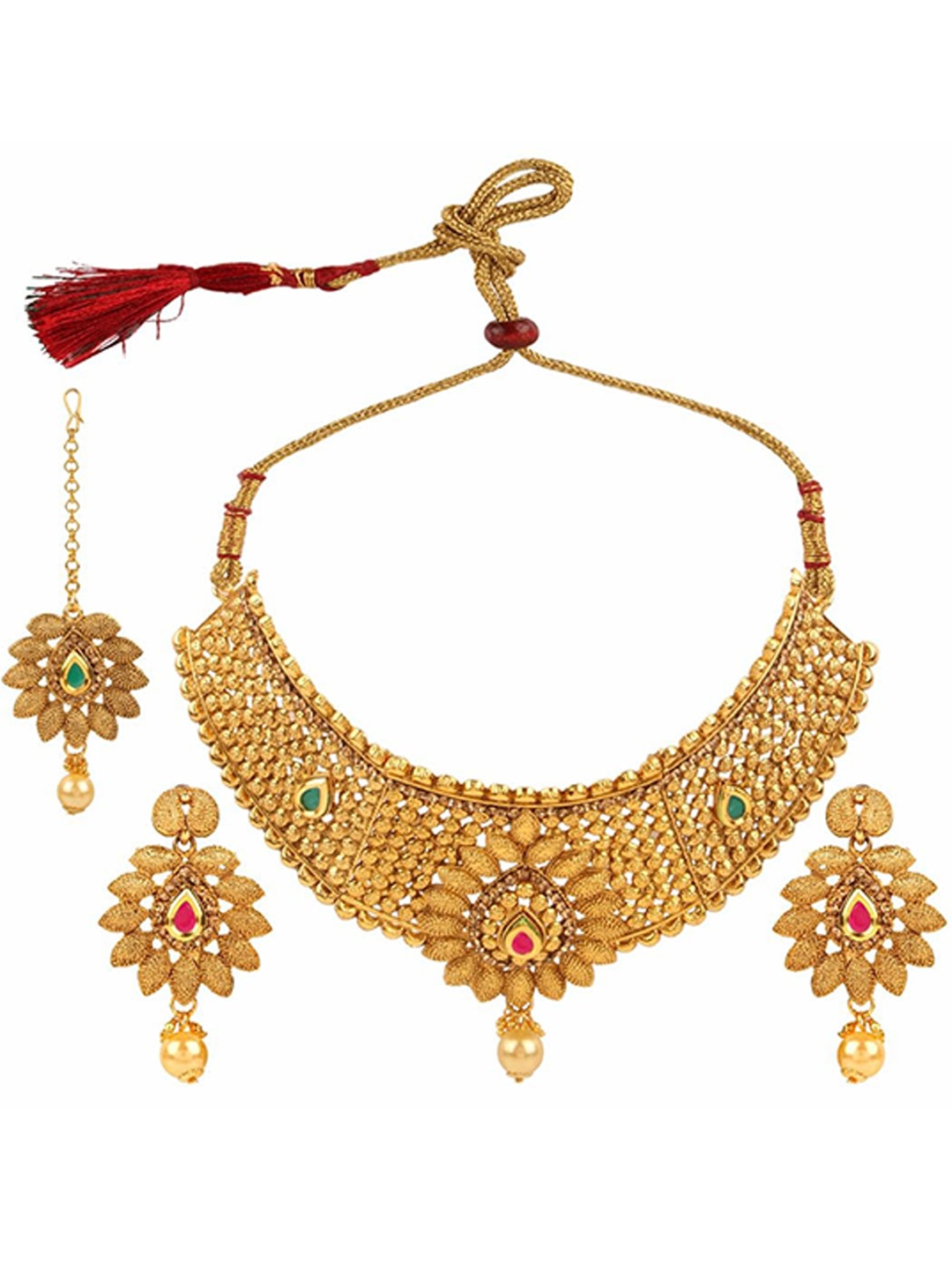 

Efulgenz Gold-Plated Green & Pink Crystal Studded Traditional Jewellery Set