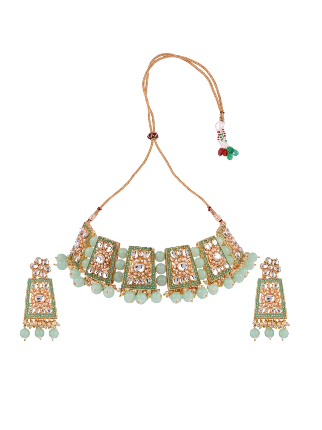 

Efulgenz Gold-Plated Green Crystal-Studded Enamelled Jewellery Set