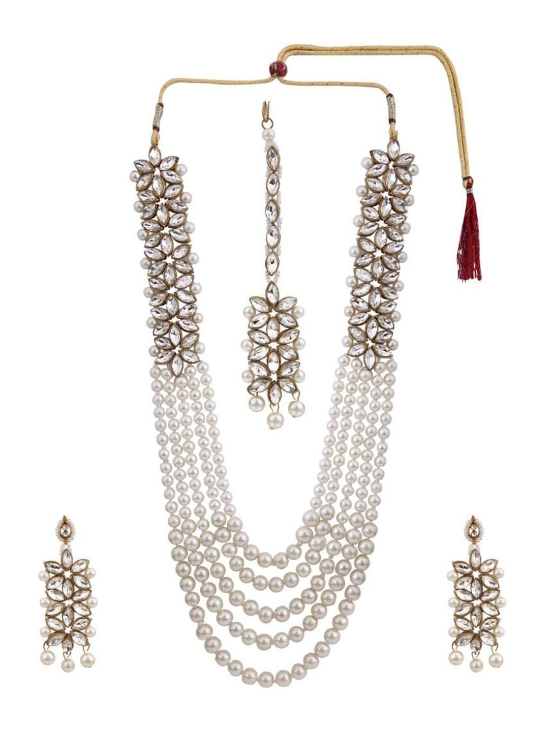 

Efulgenz Gold-Plated White Crystal Studded & Beaded Jewellery Set