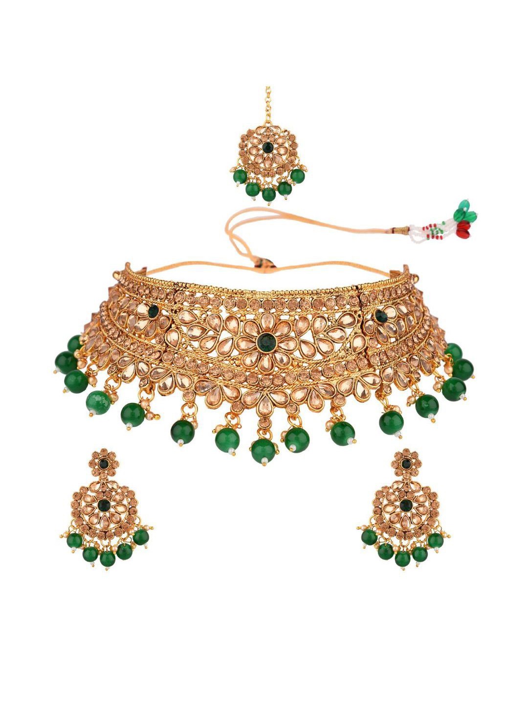 

Efulgenz Gold-Plated Green Crystals Studded Jadau Choker Jewellery Set