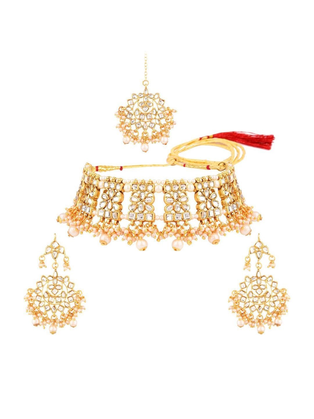 

Efulgenz Gold-Plated White Crystal-Studded & Beaded Jewellery Set