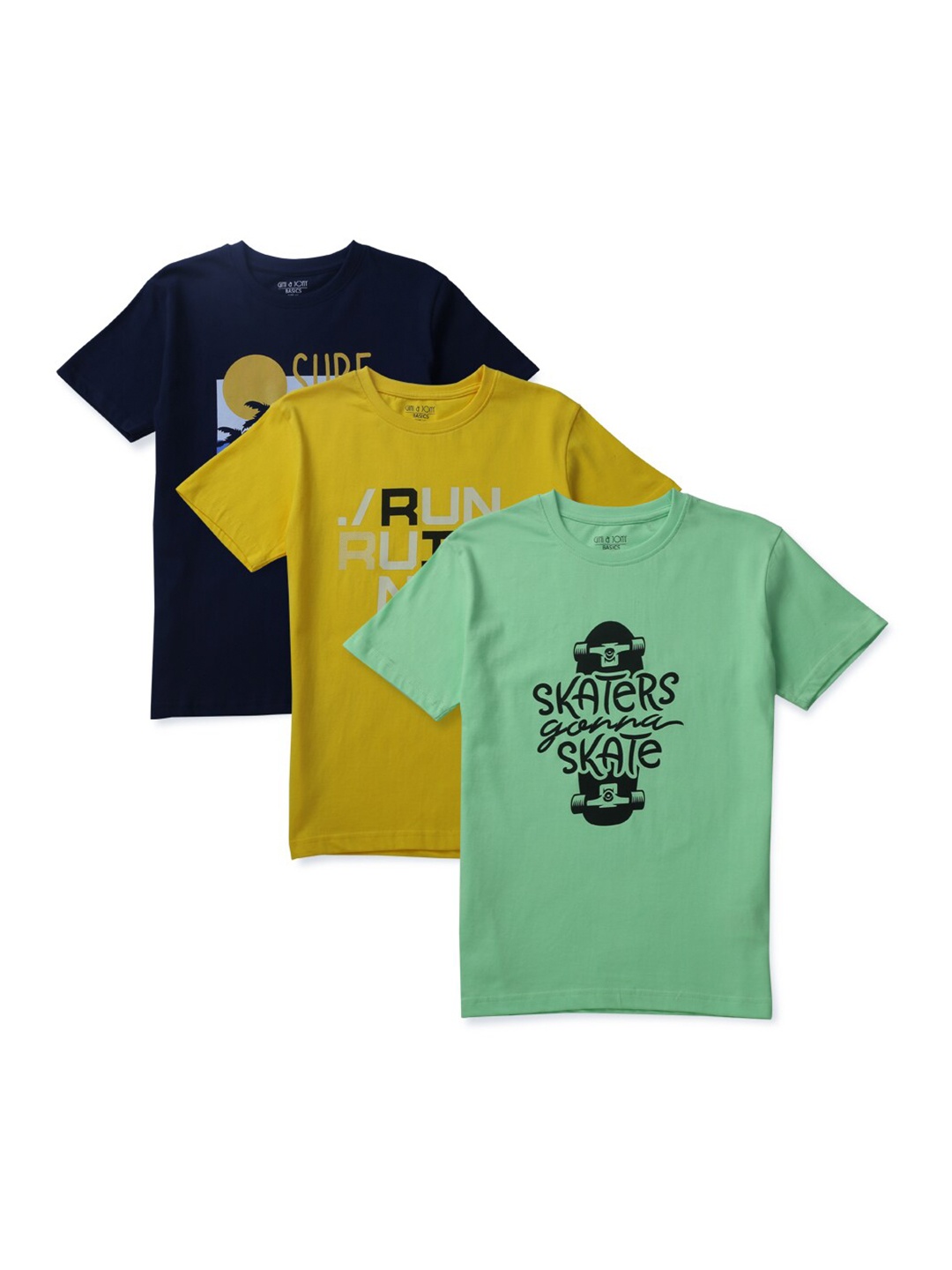 

Gini and Jony Pack of 3 Boys Green & Yellow Typography Printed Cotton T-shirt