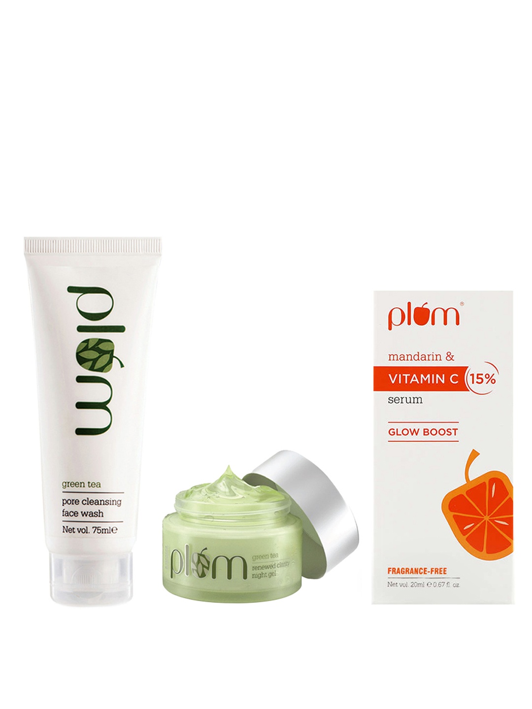 

Plum Set of Green Tea Face Wash 75 ml + Night Gel 50 ml + Vitamin C Face Serum 20 ml, White