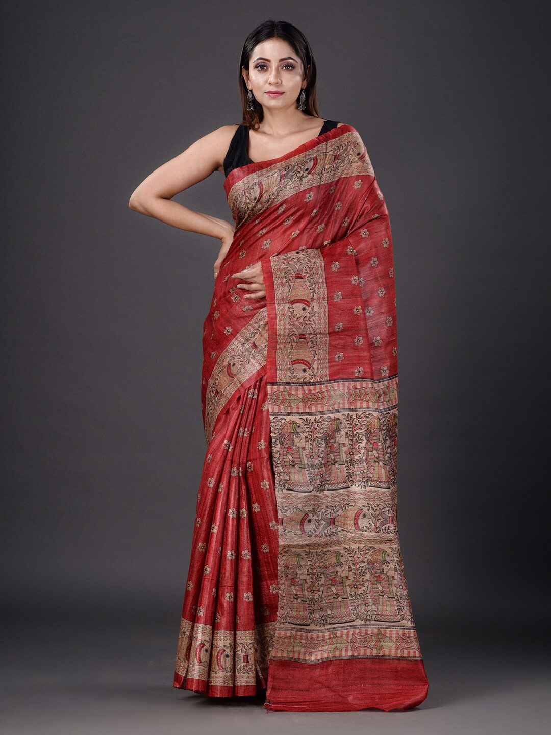 

Mitera Rust & Beige Floral Silk Blend Heavy Work Saree