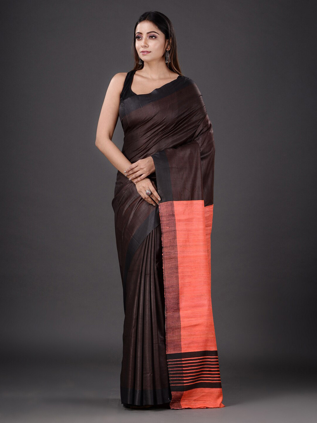 

Mitera Brown & Peach-Coloured Silk Blend Heavy Work Saree