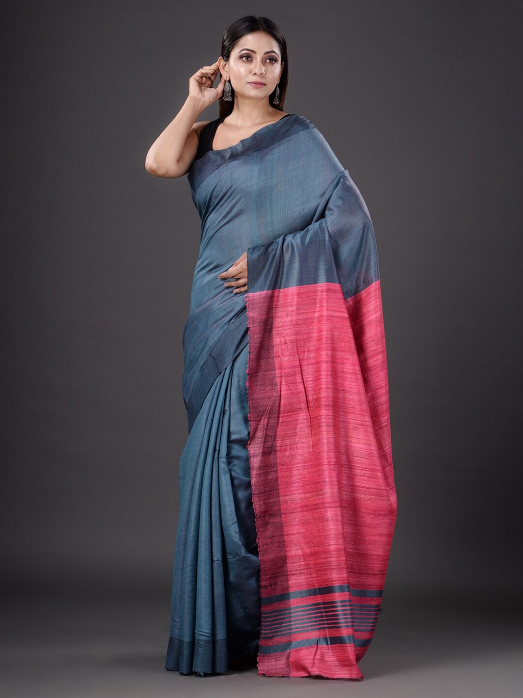 

Mitera Grey & Pink Silk Blend Saree