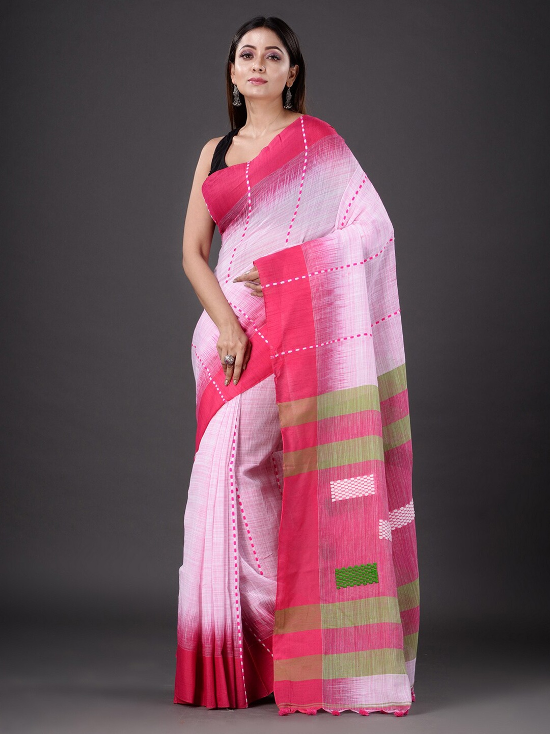 

Mitera Pink & Green Woven Design Pure Cotton Heavy Work Saree