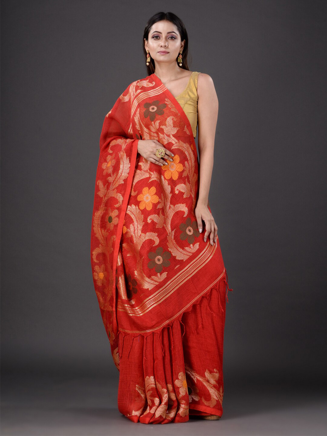

Mitera women Red & Orange Floral Pure Linen Heavy Work Saree