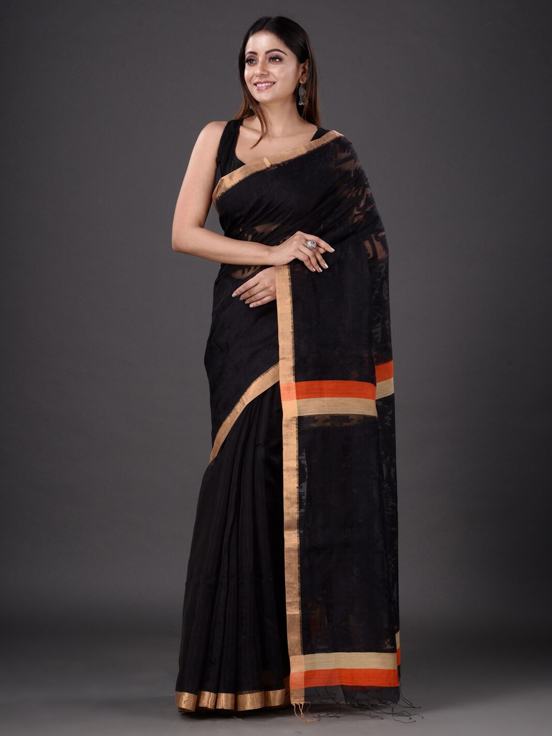 

Mitera Black & Orange Woven Design Zari Pure Silk Jamdani Saree