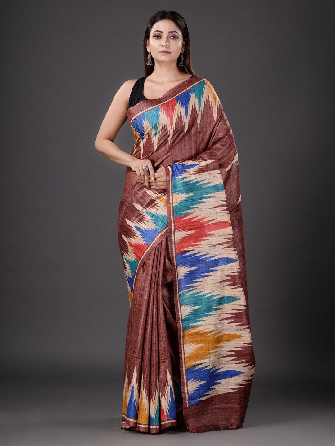 

Mitera Brown & Blue Silk Blend Heavy Work Saree