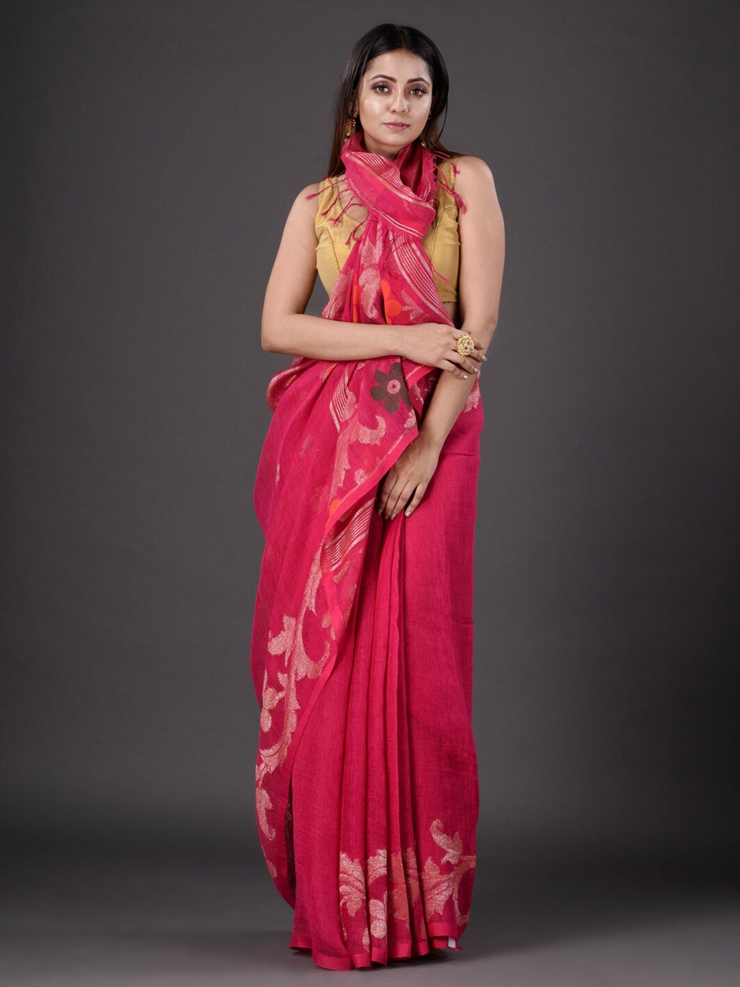 

Mitera Pink & Orange Floral Pure Linen Heavy Work Saree