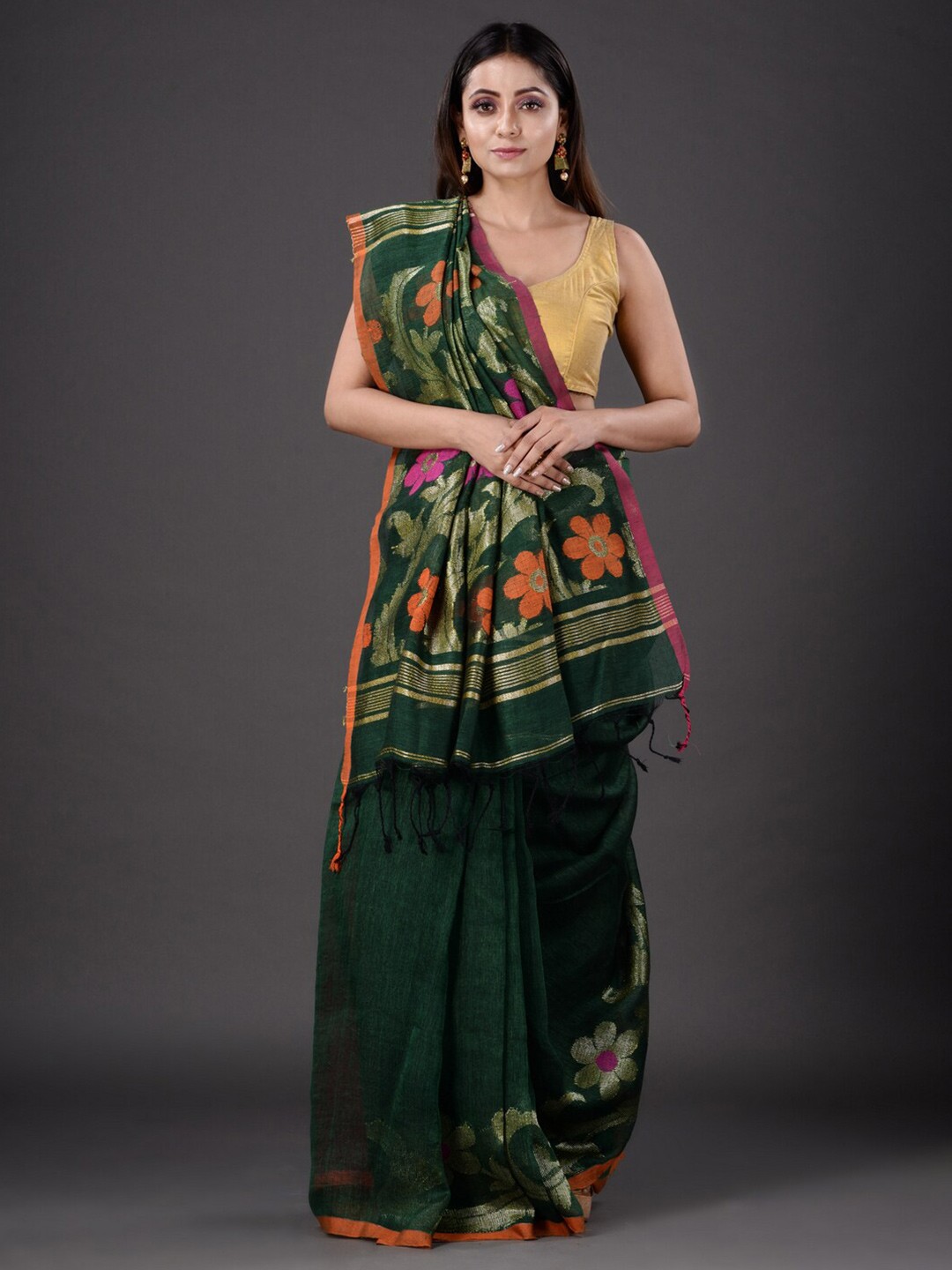 

Mitera Green & Orange Floral Pure Linen Heavy Work Saree