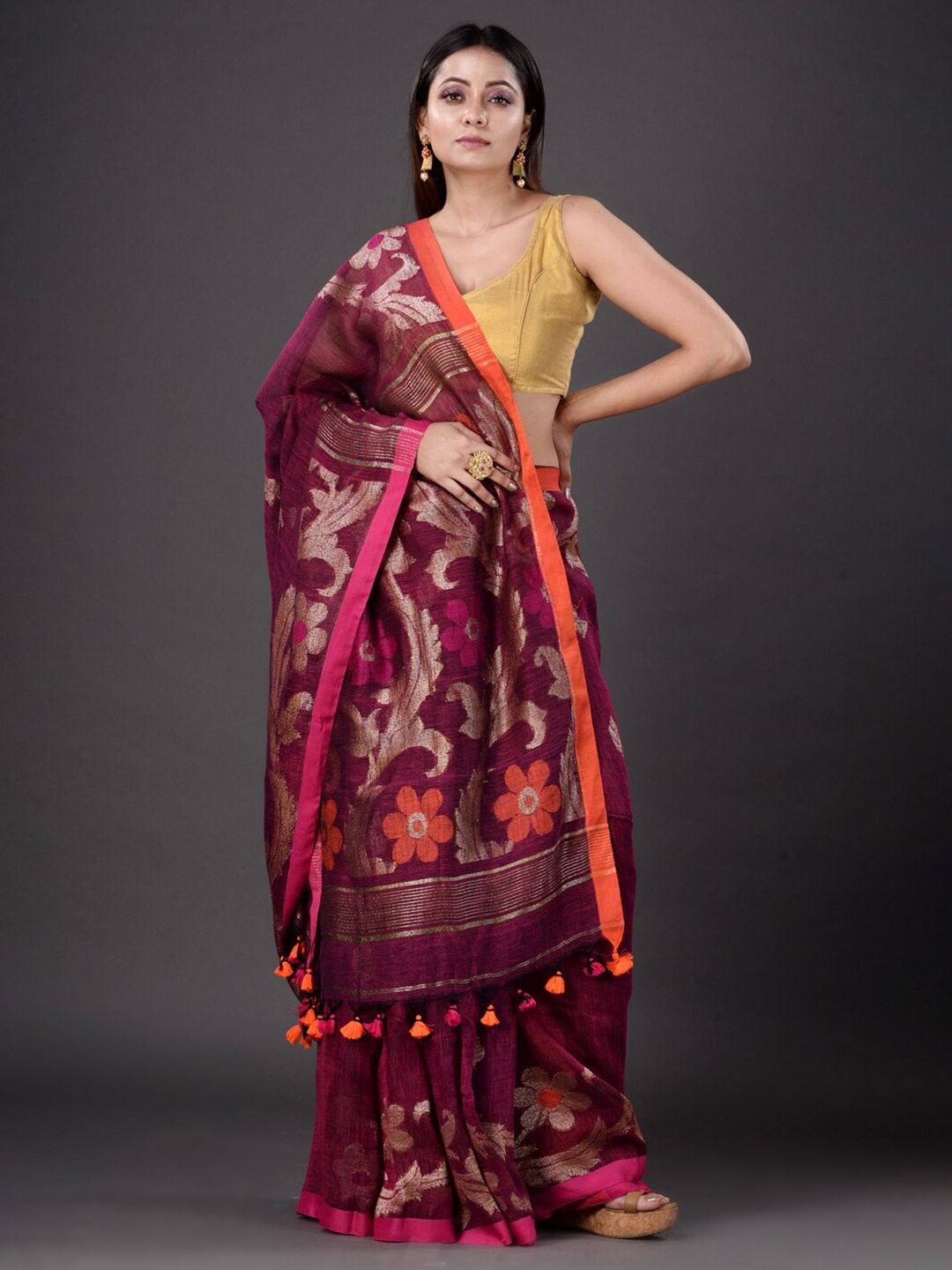 

Mitera Purple & Orange Floral Zari Pure Linen Saree