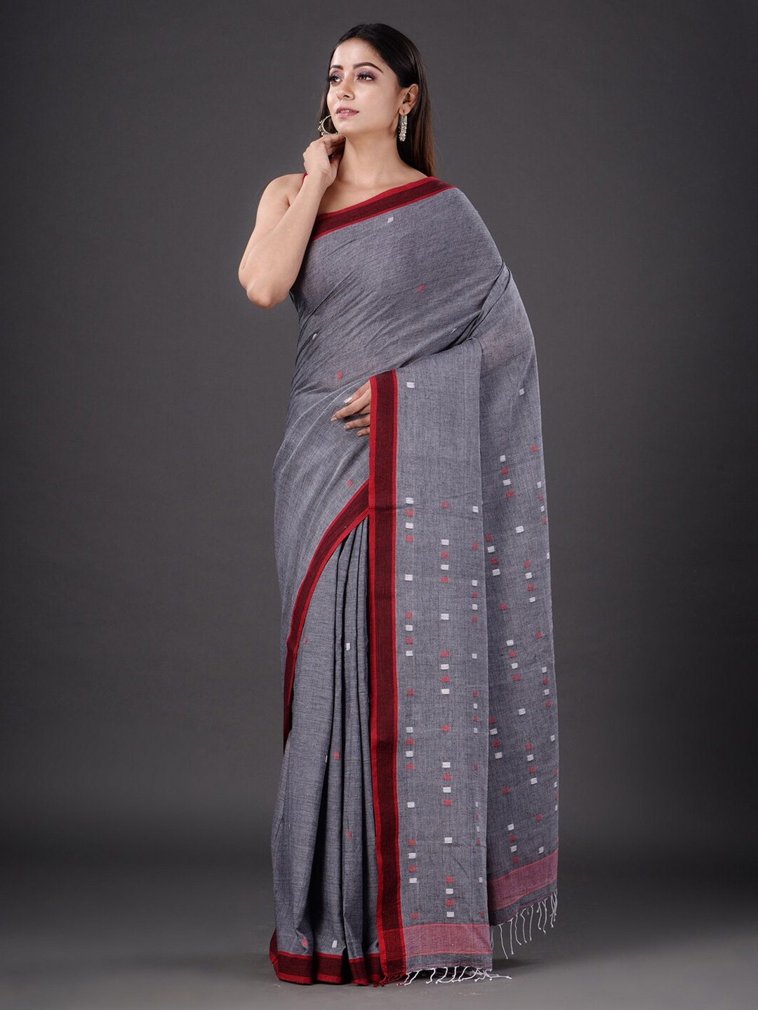 

Mitera Grey & Maroon Woven Design Pure Cotton Saree