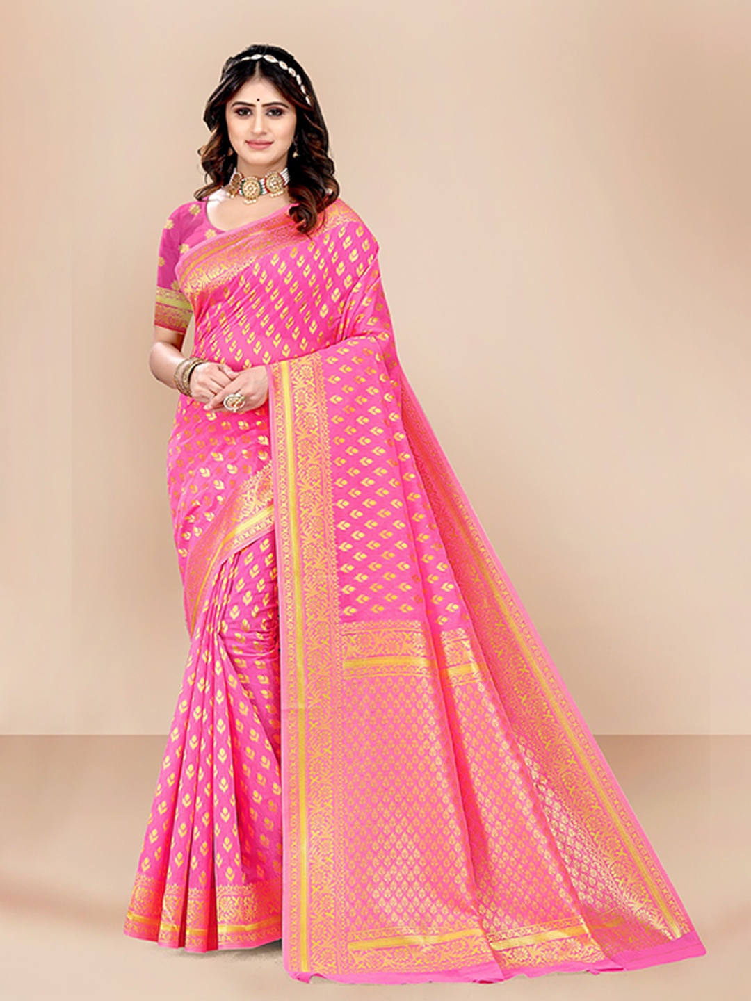 

VAIRAGEE Women Pink & Gold-Toned Woven Design Zari Pure Cotton Chanderi Saree