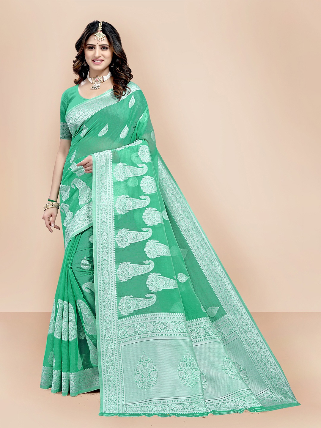 

VAIRAGEE Teal & Silver-Toned Woven Design Zari Pure Cotton Chanderi Saree