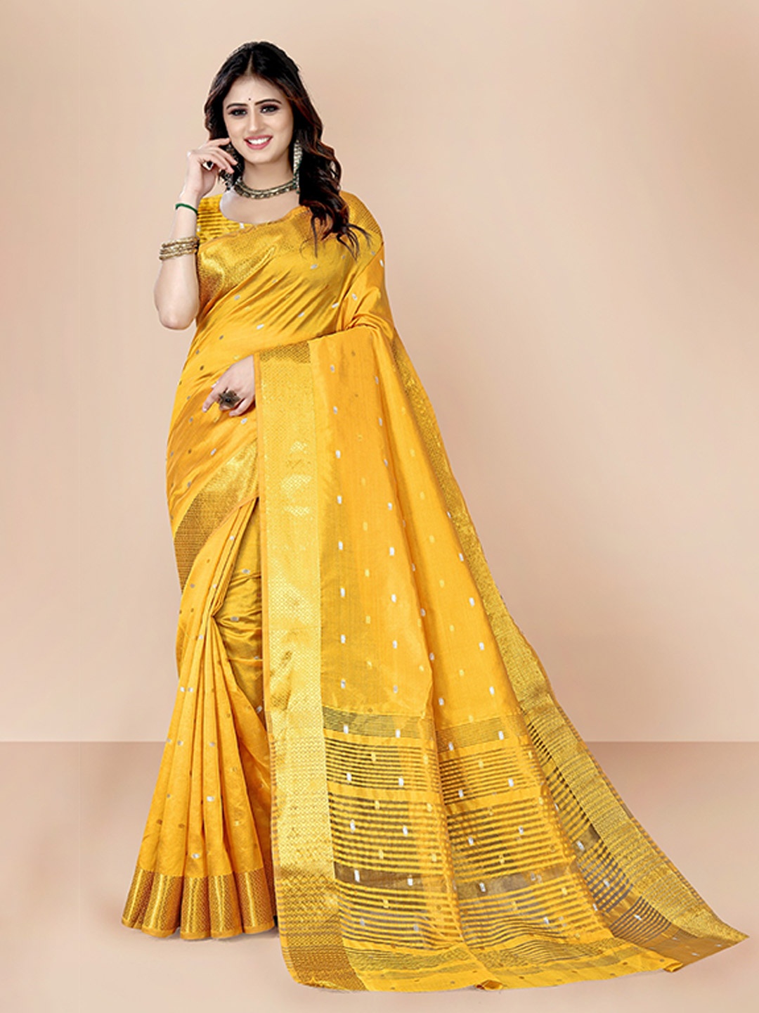 

VAIRAGEE Yellow & Gold-Toned Woven Design Zari Banarasi Saree