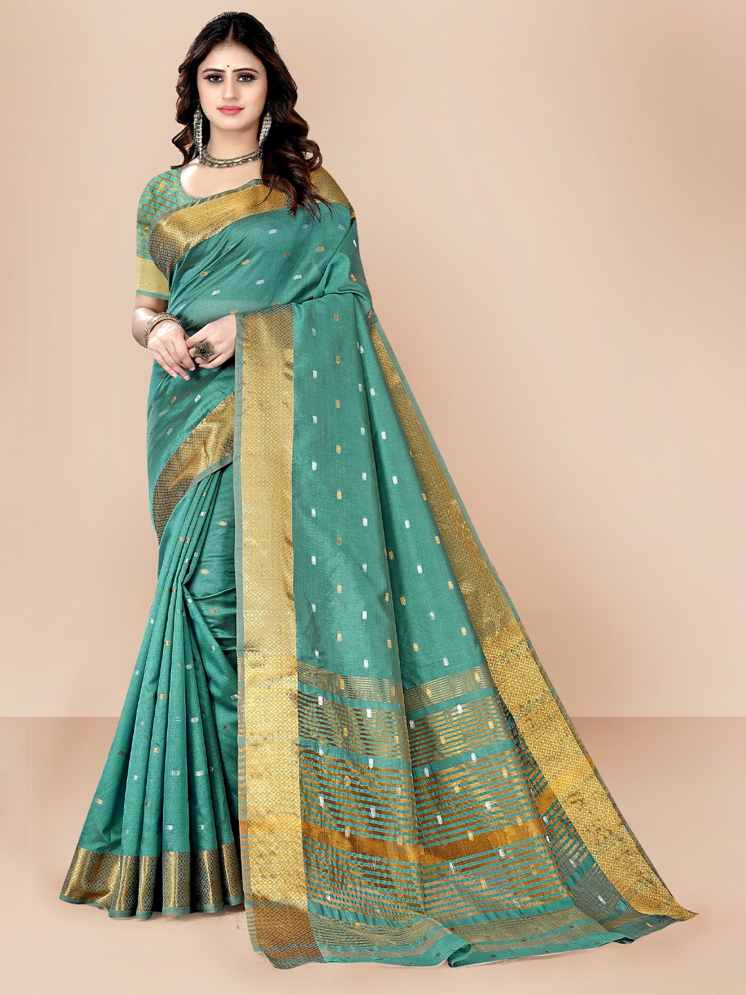 

VAIRAGEE Teal & Gold-Toned Woven Design Zari Pure Silk Banarasi Saree