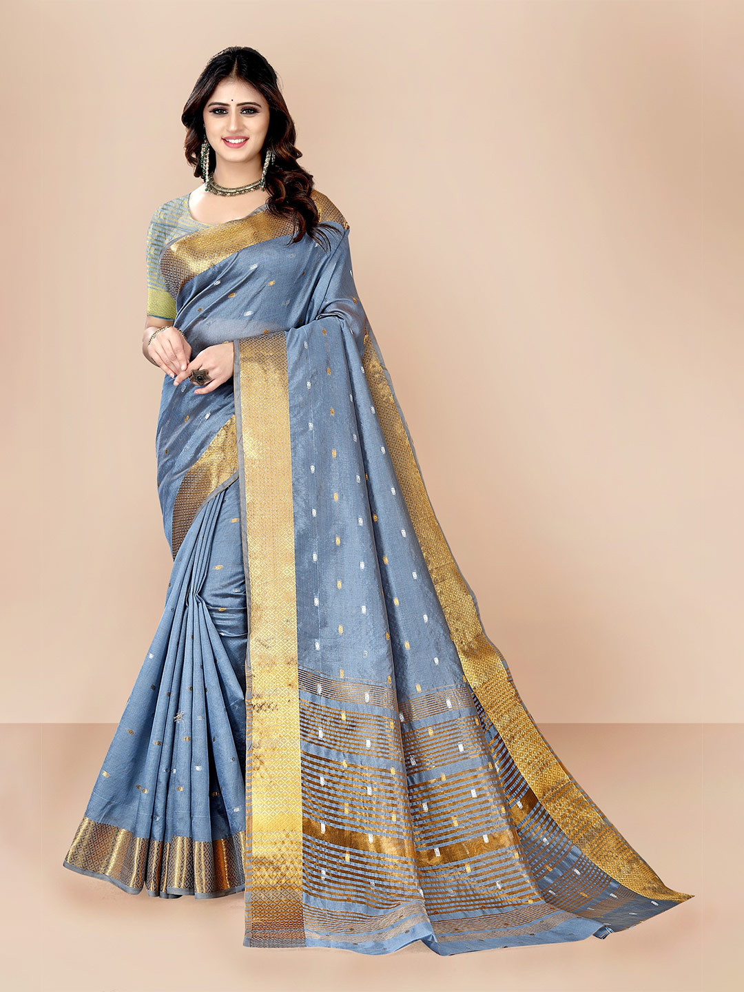 

VAIRAGEE Grey & Gold-Toned Woven Design Zari Pure Silk Banarasi Saree