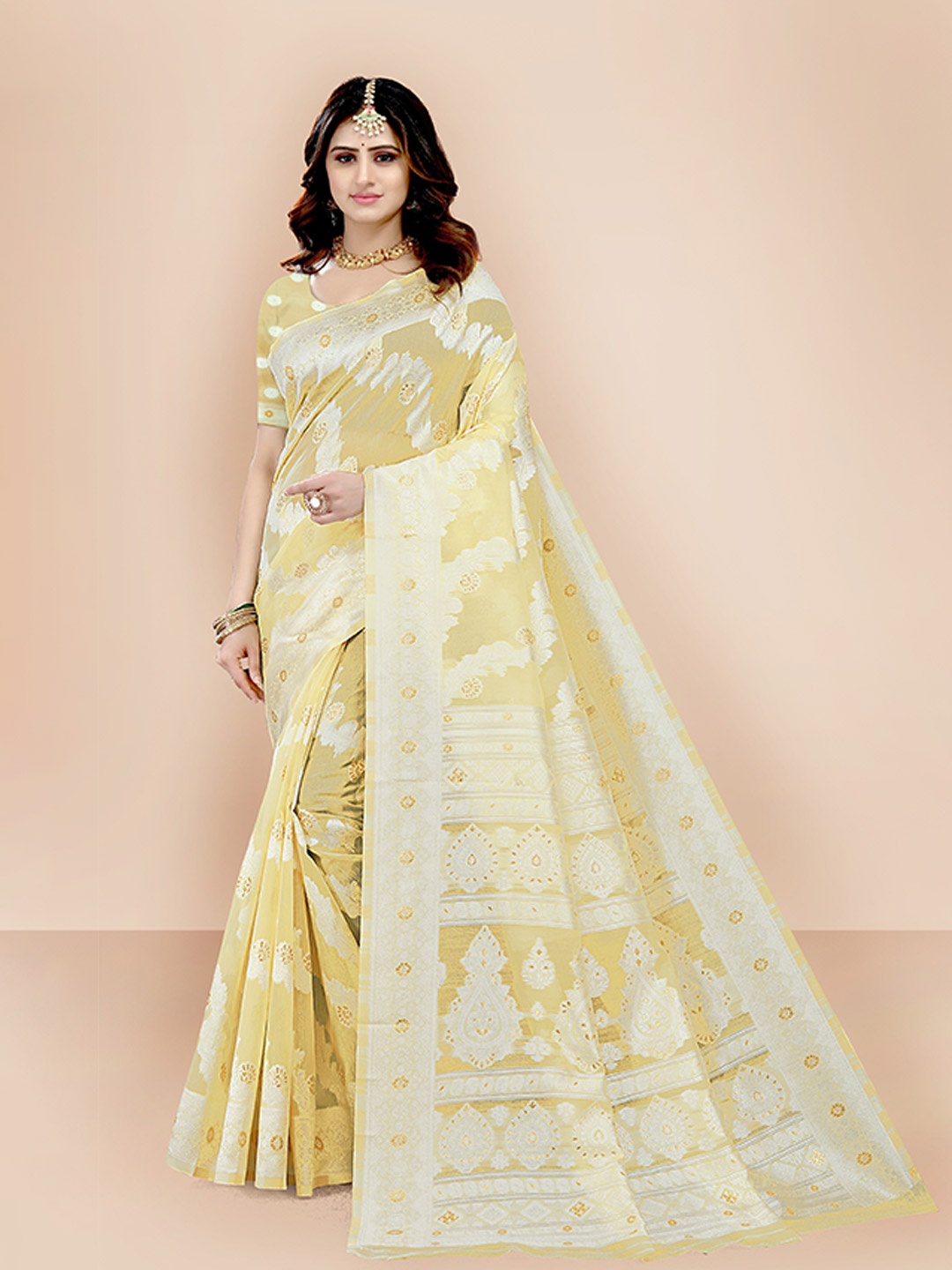 

VAIRAGEE Yellow & White Woven Design Zari Pure Silk Saree