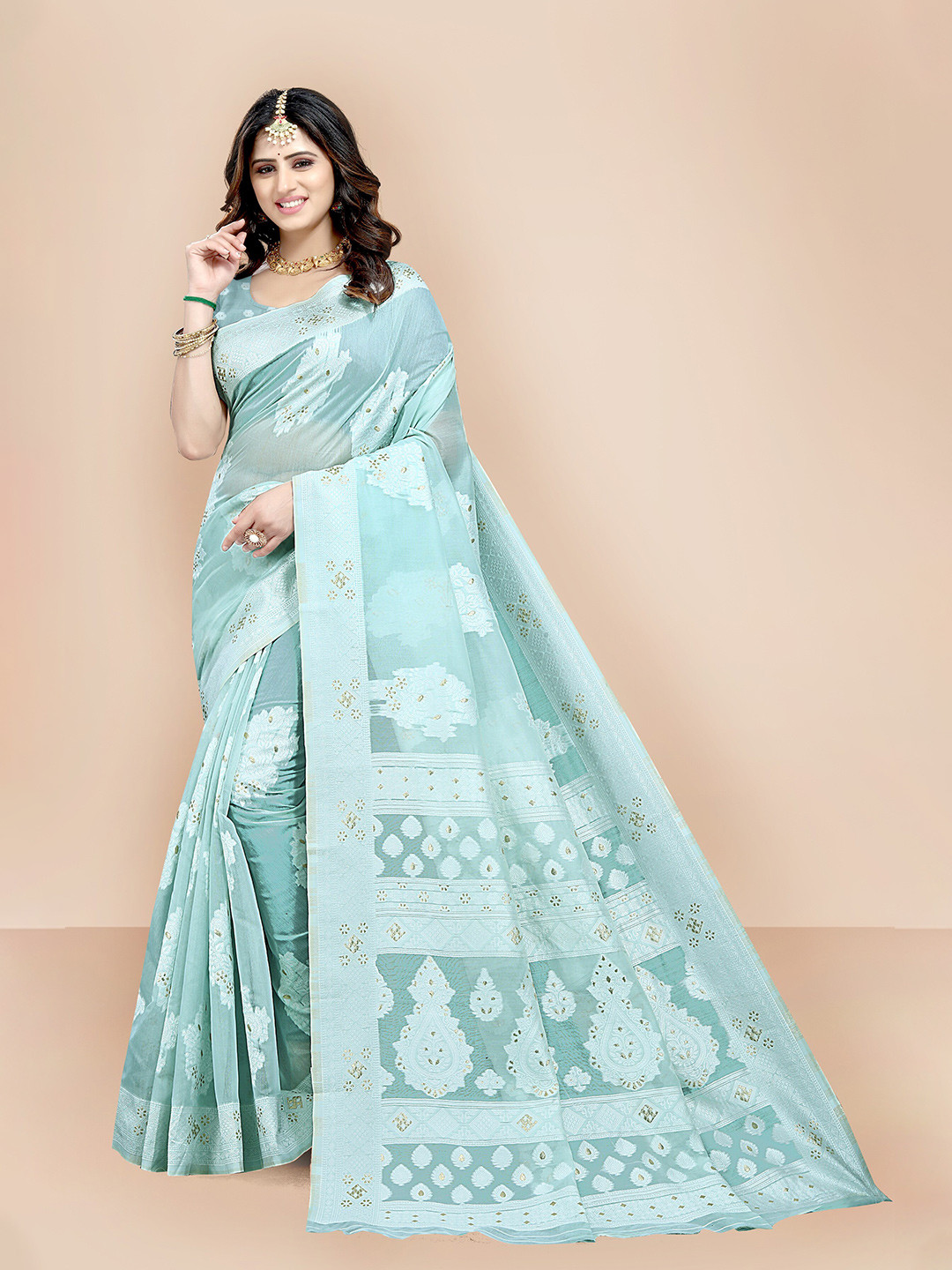 

VAIRAGEE Sea Green & White Woven Design Pure Silk Saree