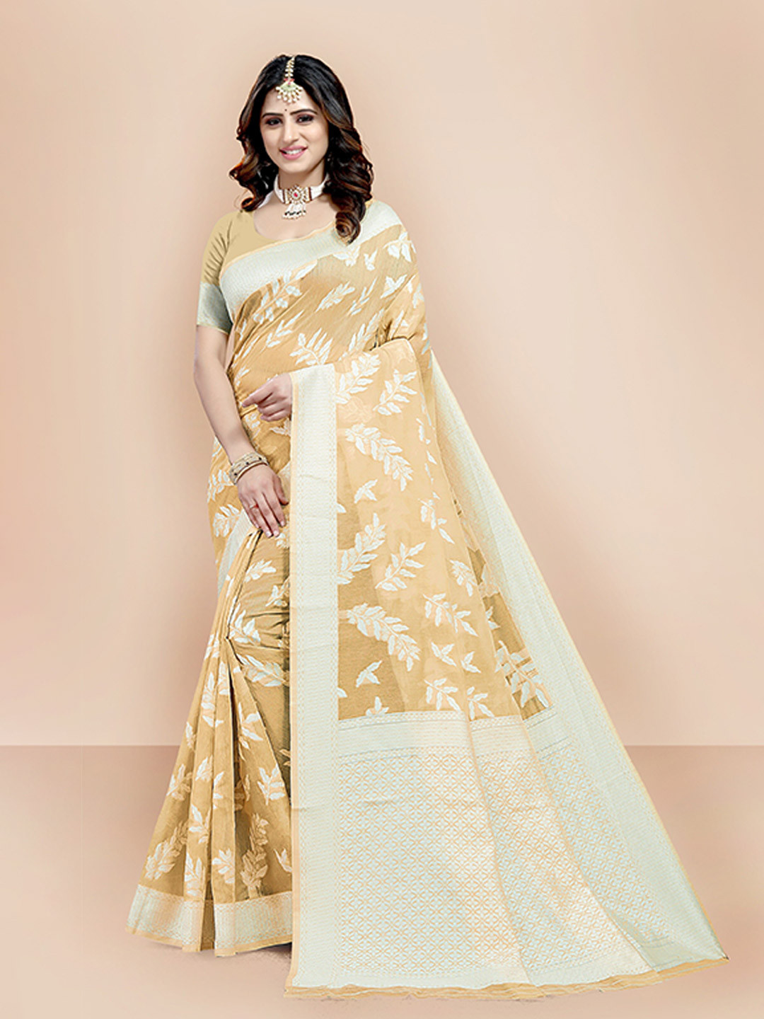 

VAIRAGEE Cream-Coloured & Silver-Toned Woven Design Zari Pure Cotton Chanderi Saree