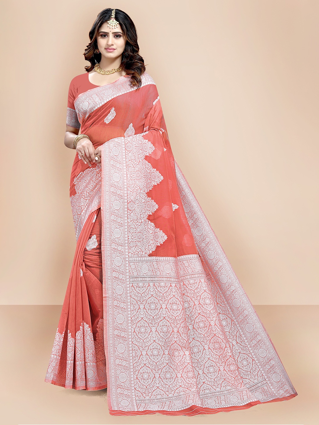 

VAIRAGEE Peach-Coloured & Silver-Toned Ethnic Motifs Pure Cotton Chanderi Saree