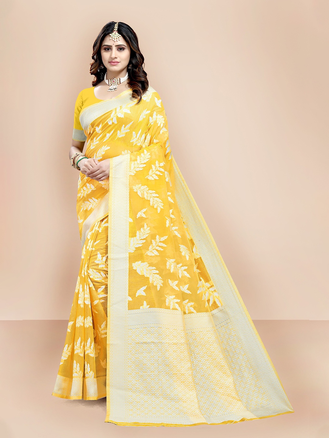 

VAIRAGEE Yellow & Silver-Toned Woven Design Cotton Silk Chanderi Saree