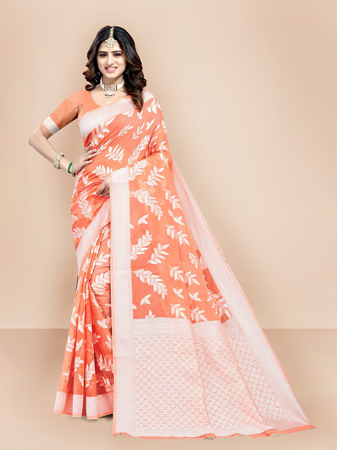 

VAIRAGEE Orange & White Woven Design Zari Pure Cotton Chanderi Saree