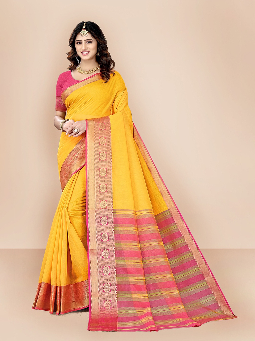 

VAIRAGEE Yellow & Pink Woven Design Zari Pure Cotton Saree