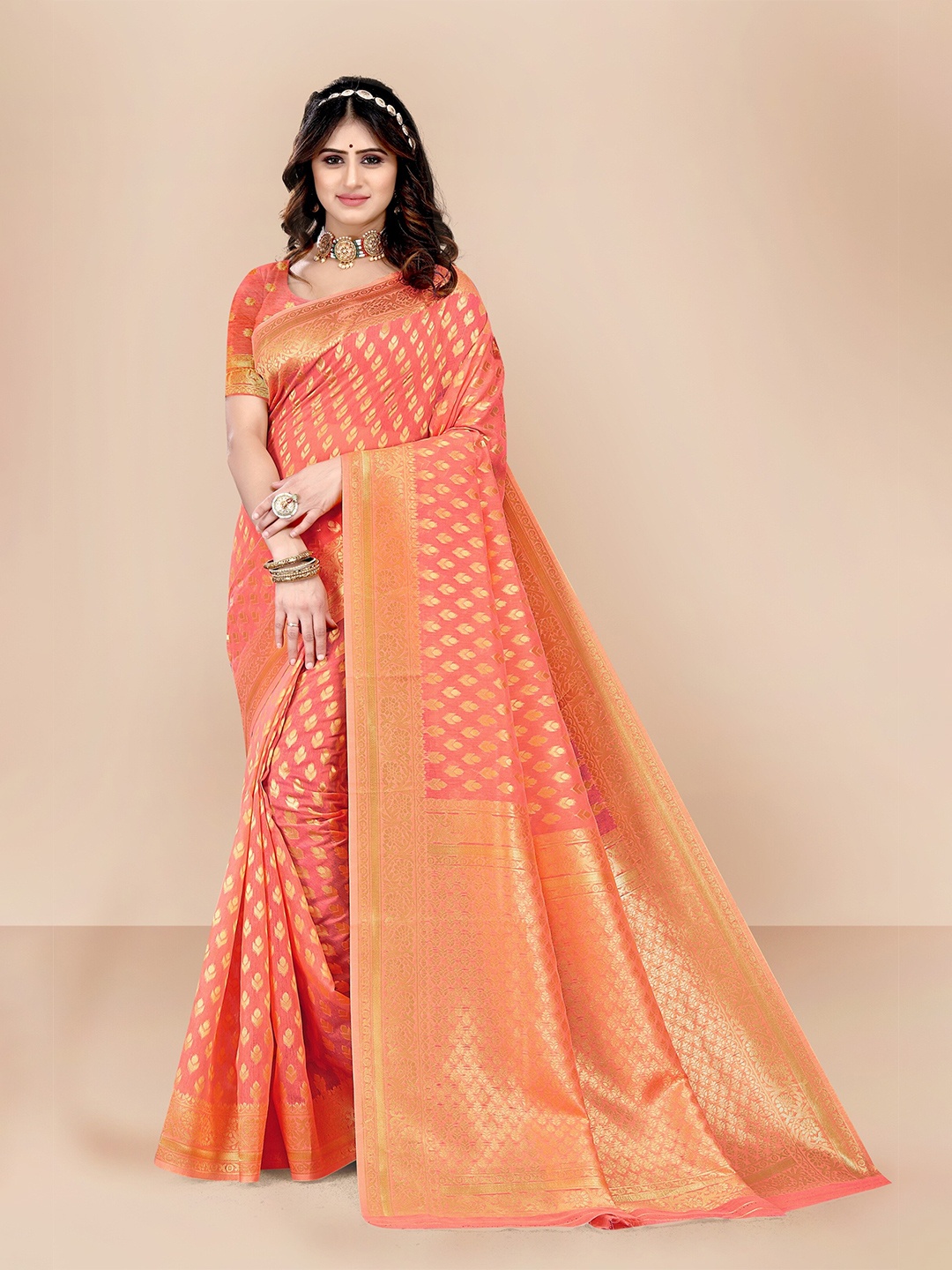 

VAIRAGEE Peach-Coloured & Gold-Toned Woven Design Zari Pure Cotton Chanderi Saree