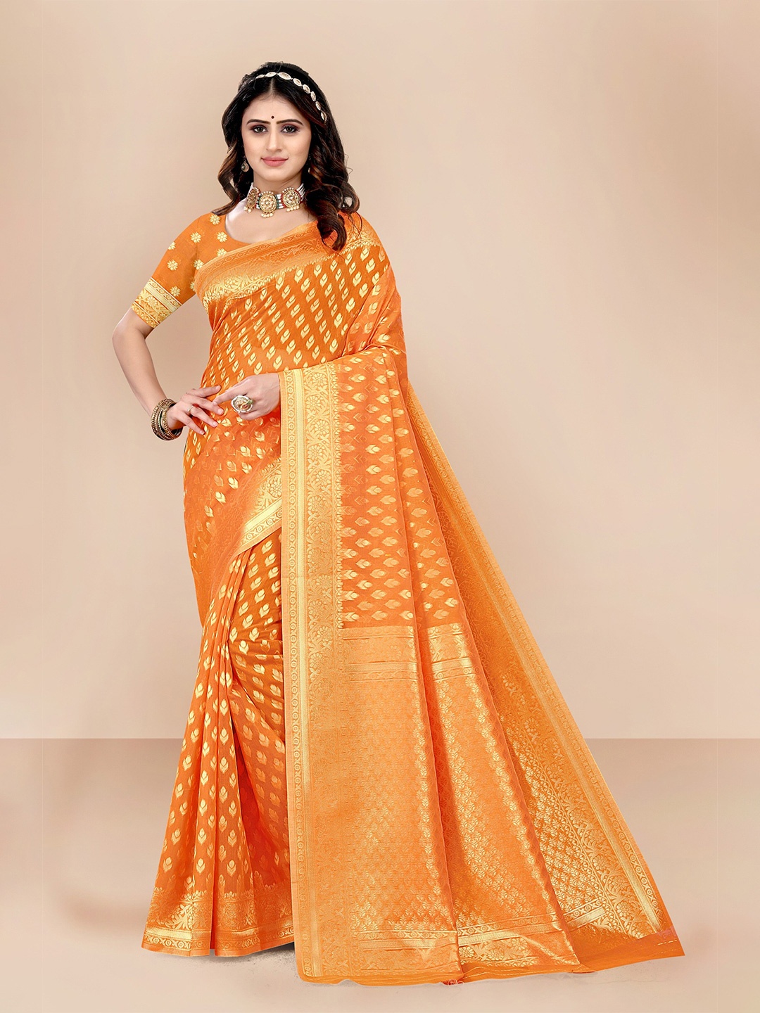 

VAIRAGEE Orange & Gold-Toned Woven Design Zari Pure Cotton Chanderi Saree