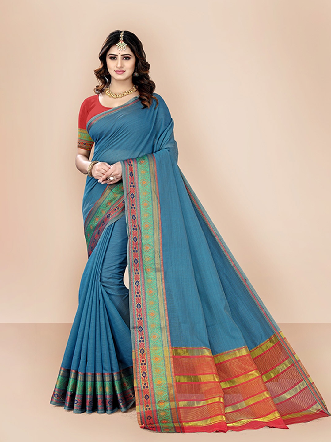 

VAIRAGEE Women Teal & Green Zari Pure Cotton Saree