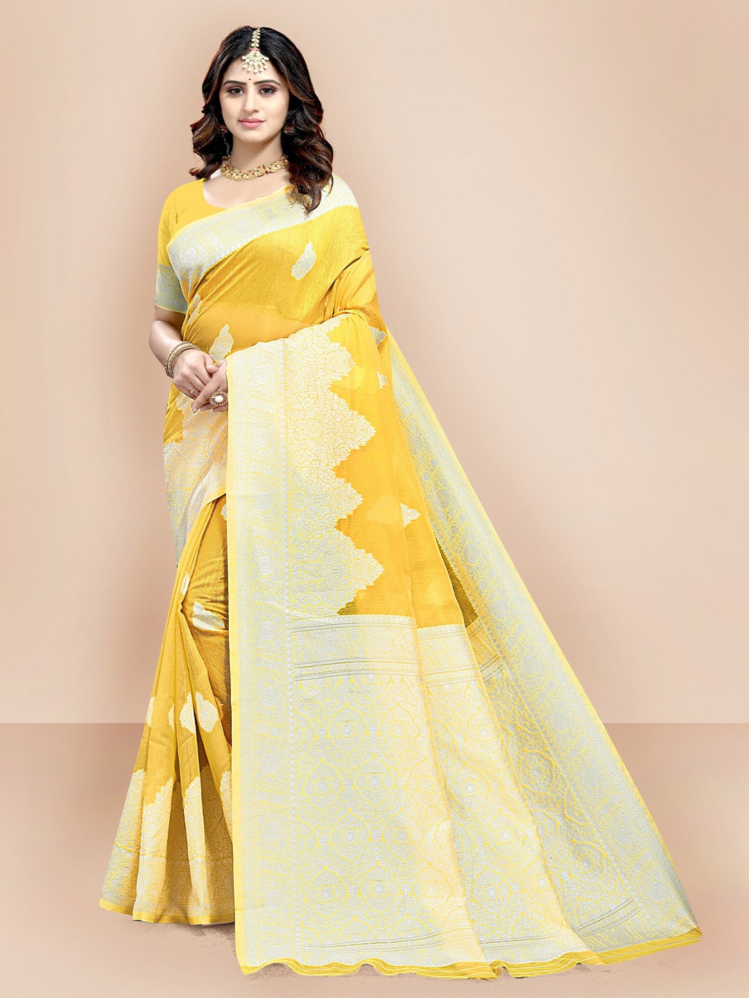 

VAIRAGEE Yellow & Silver-Toned Woven Design Zari Pure Cotton Chanderi Saree