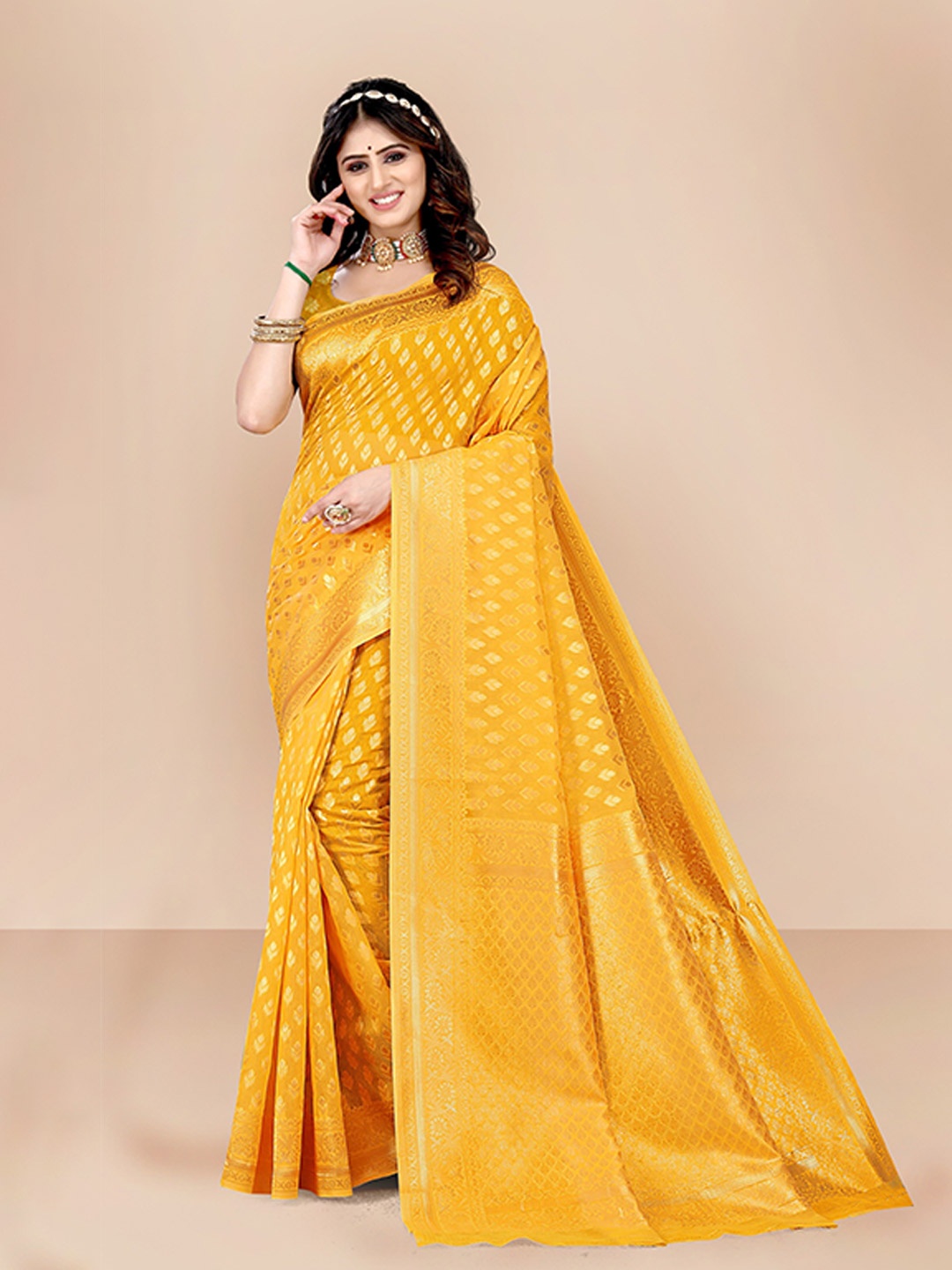 

VAIRAGEE Yellow & Gold-Toned Woven Design Zari Pure Cotton Chanderi Saree