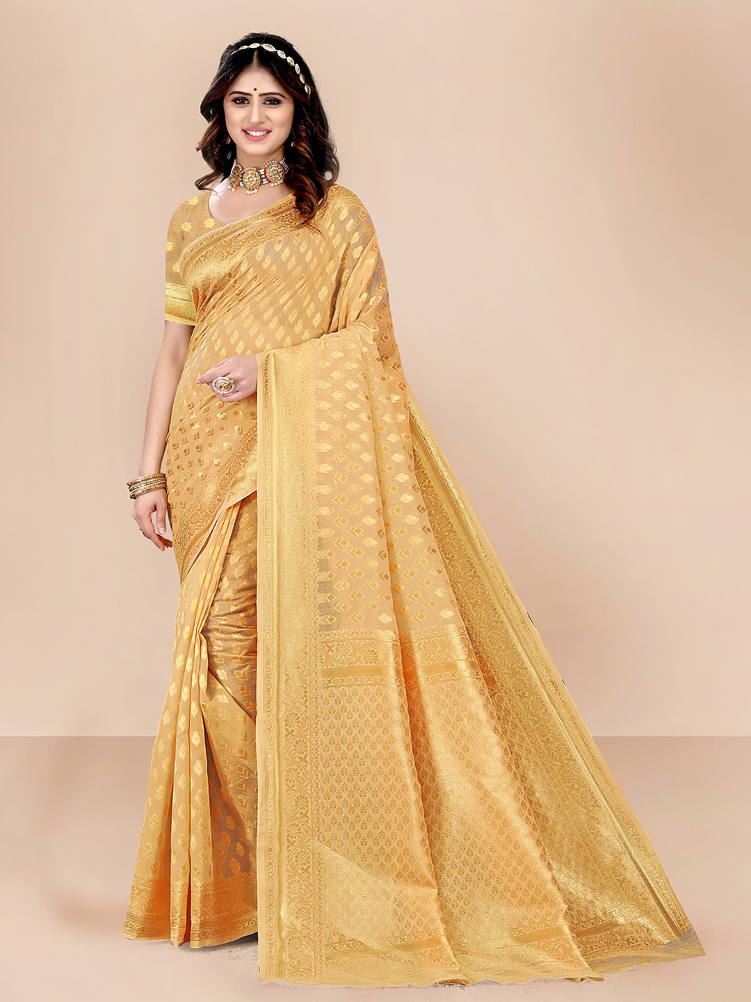 

VAIRAGEE Gold-Toned Woven Design Zari Pure Cotton Chanderi Saree