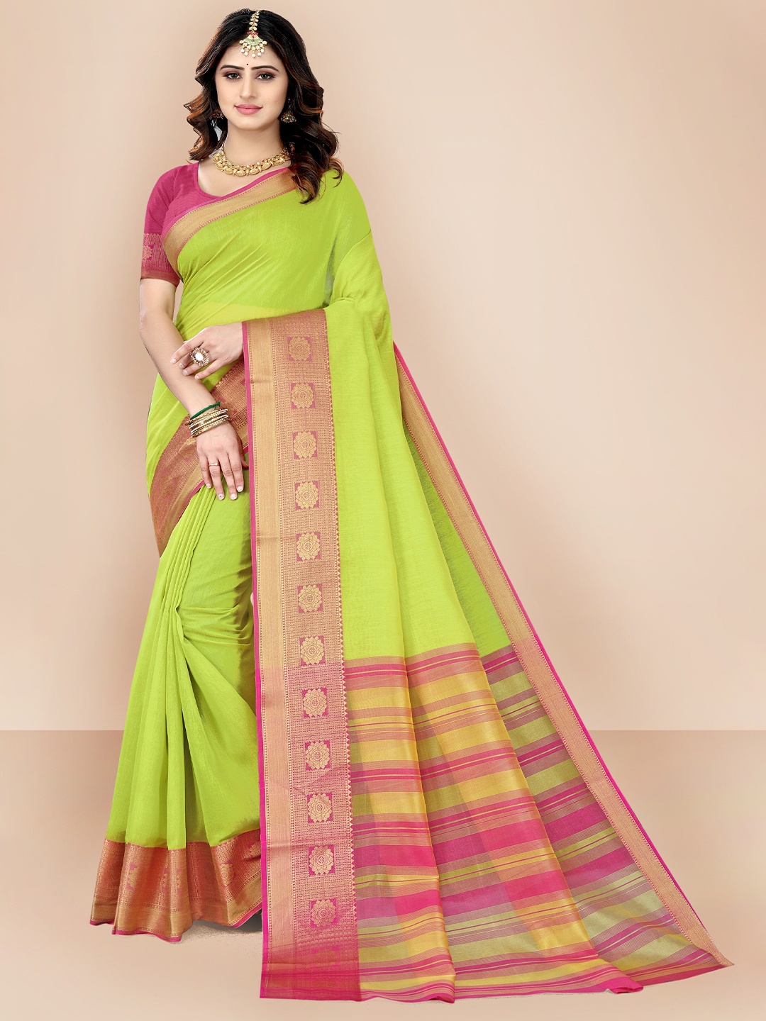 

VAIRAGEE Lime Green & Pink Ethnic Motifs Zari Pure Cotton Saree