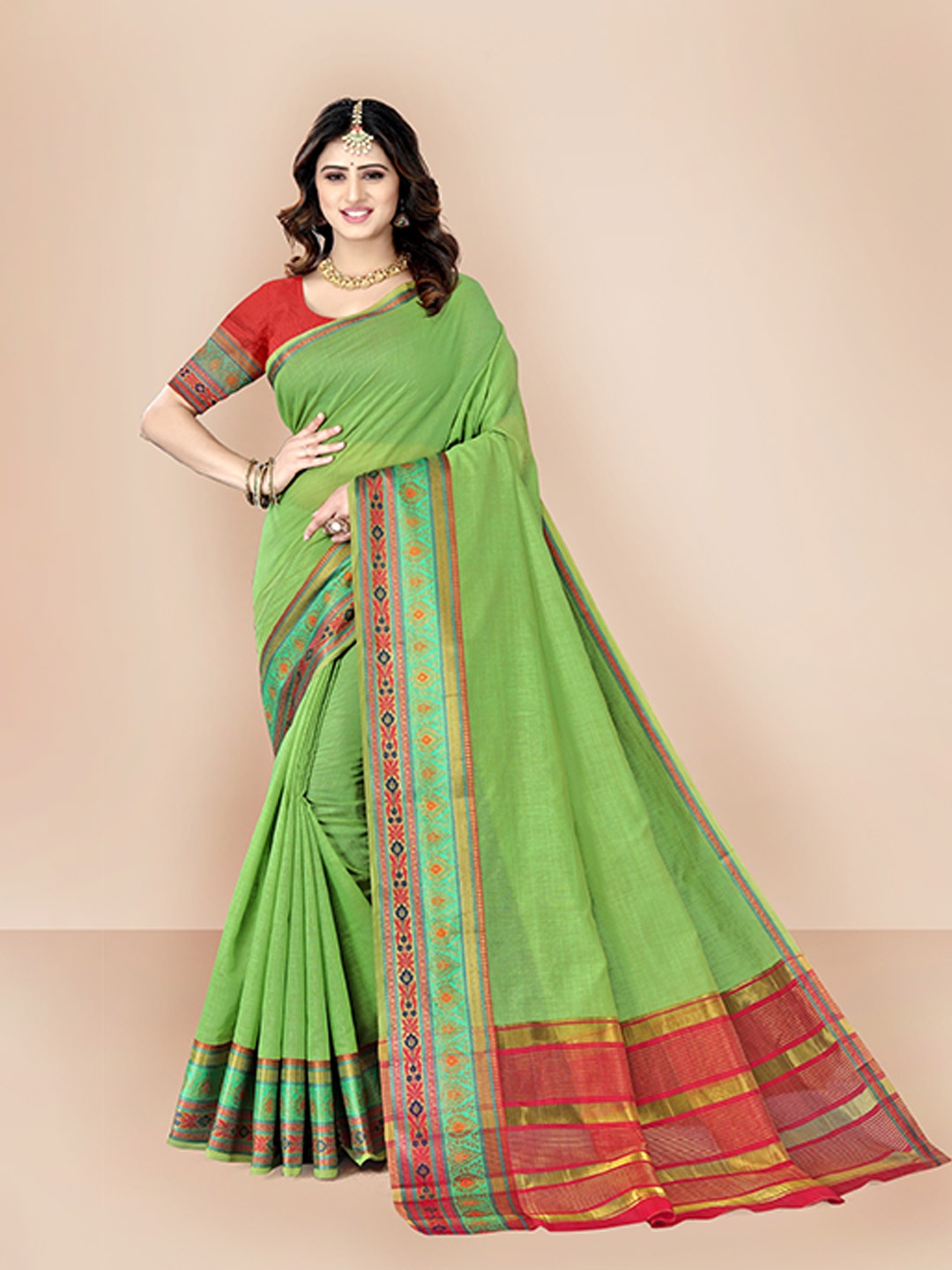 

VAIRAGEE Sea Green & Red Zari Pure Cotton Saree