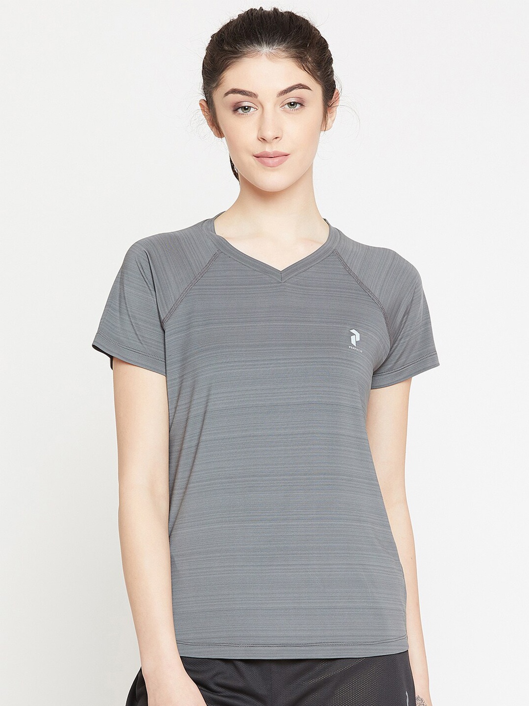 

PERFKT-U Women Grey V-Neck Antimicrobial Sports T-shirt