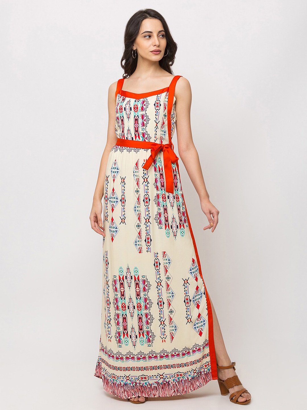 

SHECZZAR Off White & Red Ethnic Motifs Maxi Dress