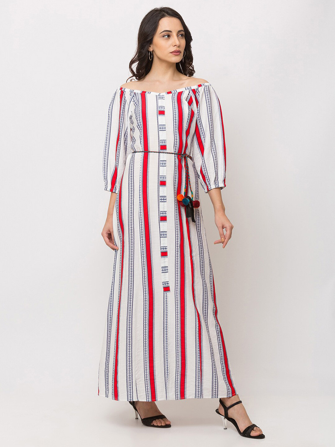 

SHECZZAR Womens White Striped Off-Shoulder Maxi Dress