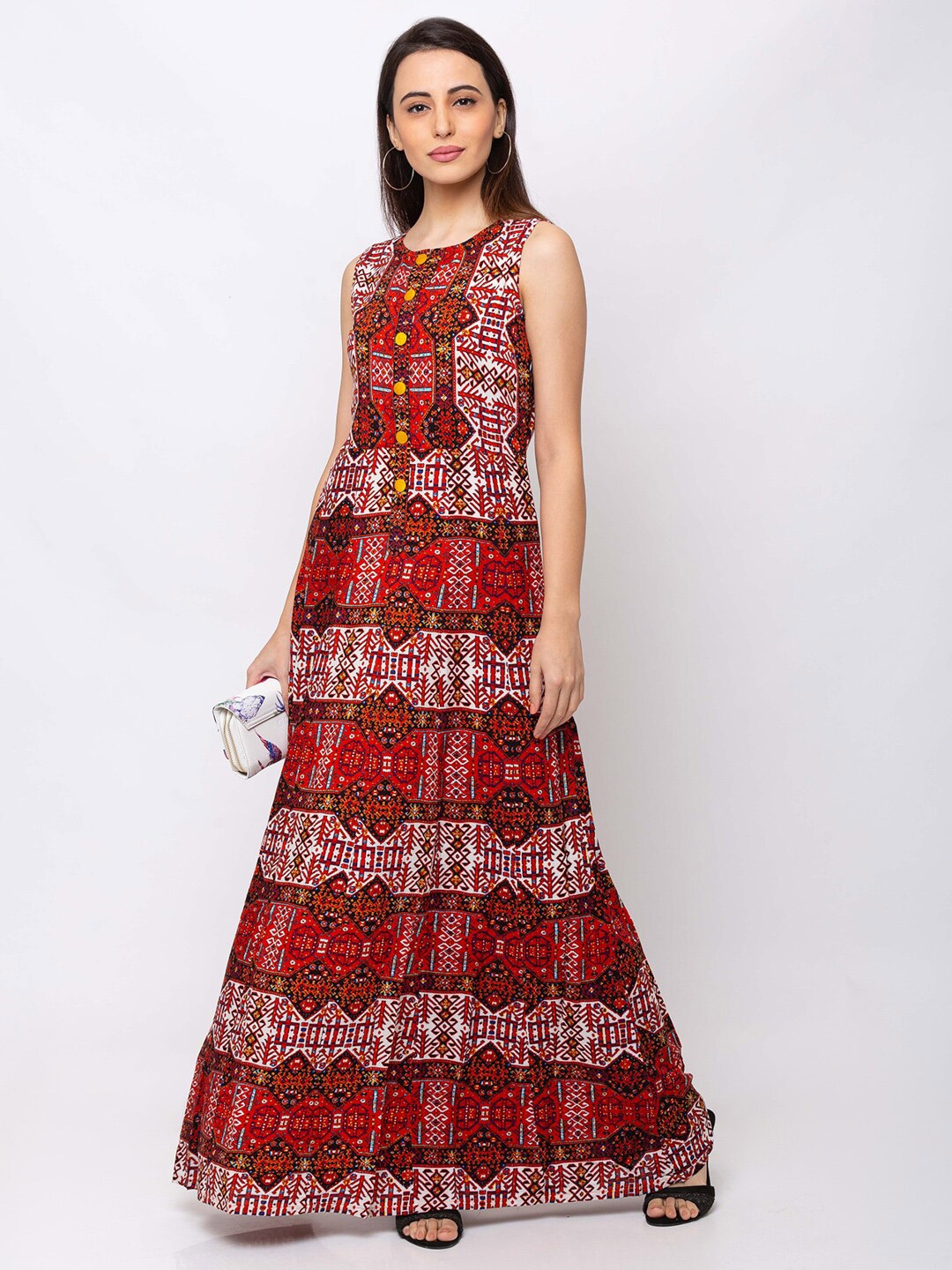 

SHECZZAR Red & White Ethnic Motifs Ethnic Maxi Dress