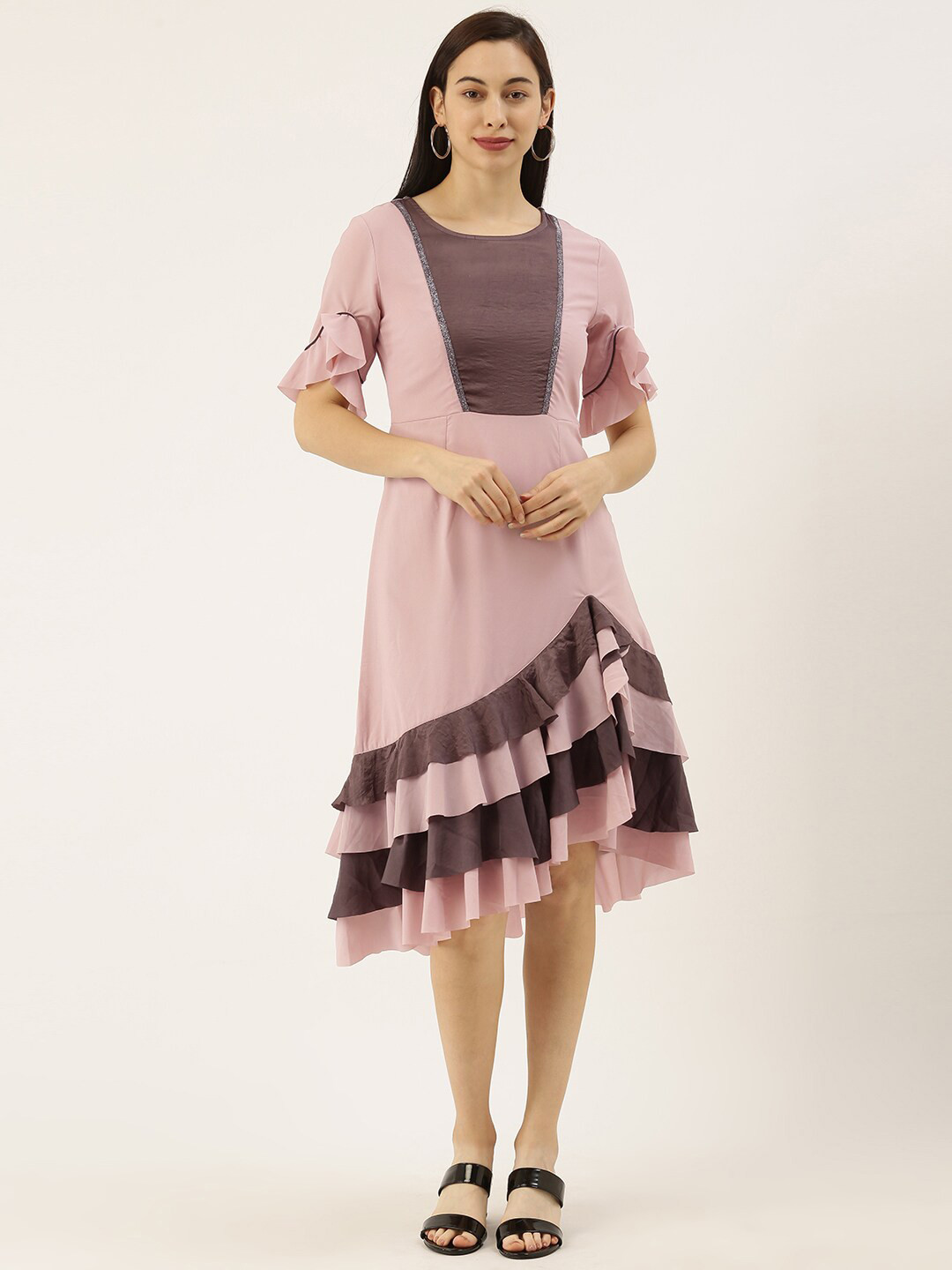 

SHECZZAR Pink Colourblocked Georgette Midi Dress
