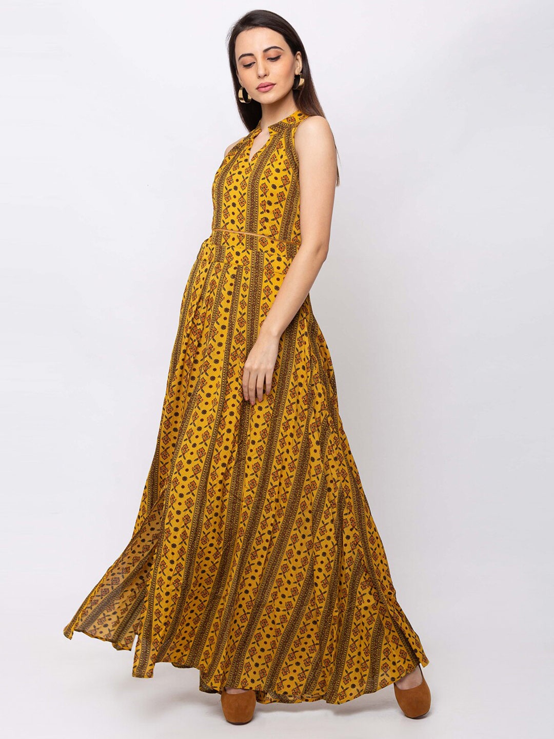 

SHECZZAR Mustard Yellow Ethnic Motifs Maxi Front Slit Dress