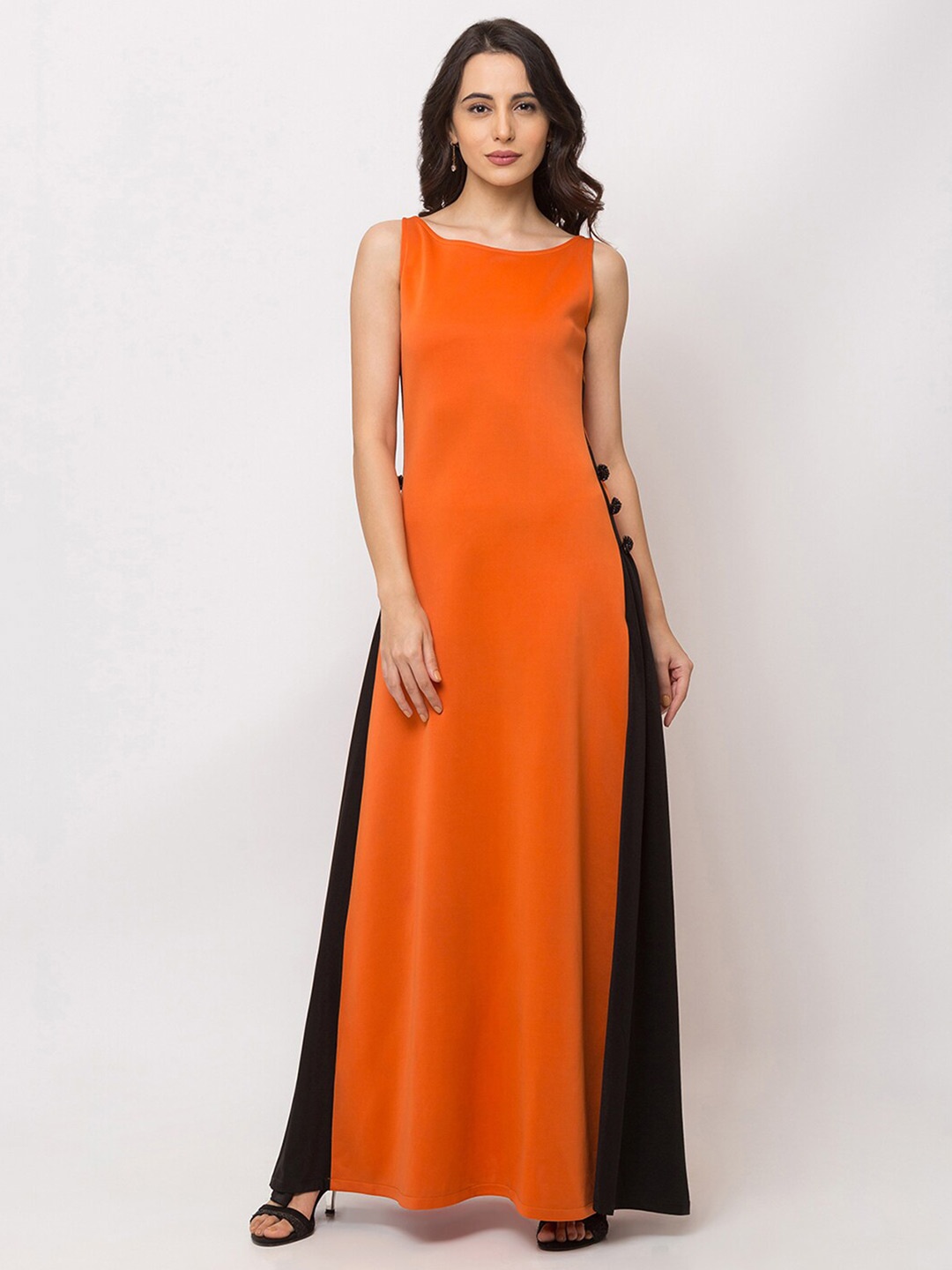 

SHECZZAR Orange & Black Colourblocked Scuba Maxi Dress